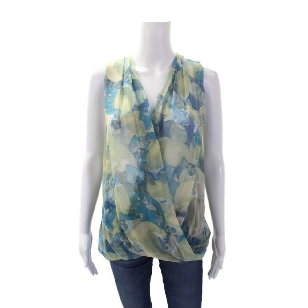 Maggie Ward Womens Silk Cross Front Sleeveless Chiffon Top Green Blue Size XS